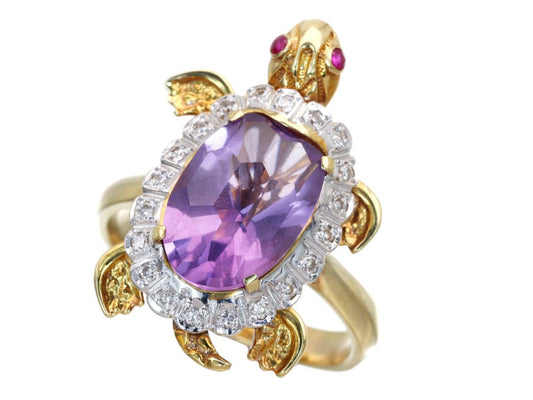Turtle Motif Amethyst Ruby D0.20ct K18 8.6g Ring 