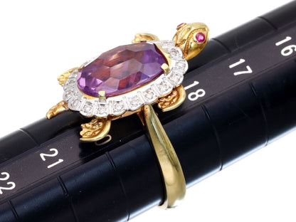 Turtle Motif Amethyst Ruby D0.20ct K18 8.6g Ring 