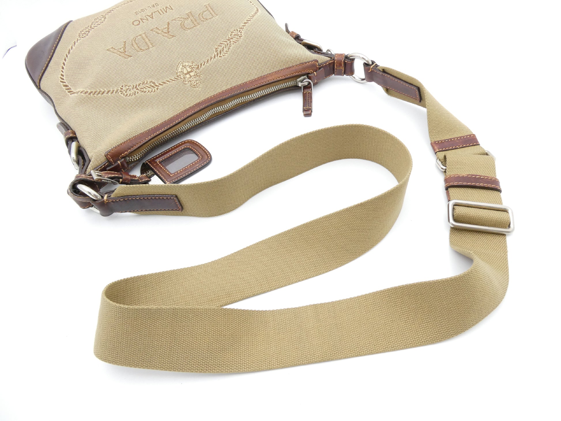 PRADA Logo Jacquard Canvas and Leather Shoulder Bag