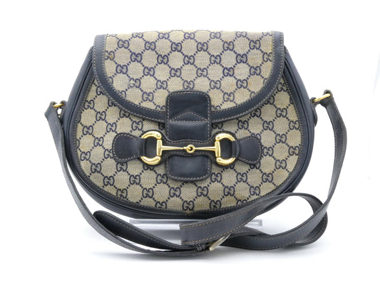 GUCCI Horsebit Hardware GG Canvas Leather Shoulder Bag