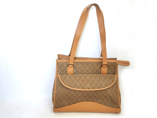 GUCCI GG Canvas Leather Shoulder Tote Bag with GG Pattern