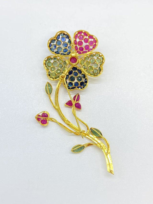 Ruby, Blue Sapphire, Green Sapphire, 18K Gold, 6.1g Brooch 