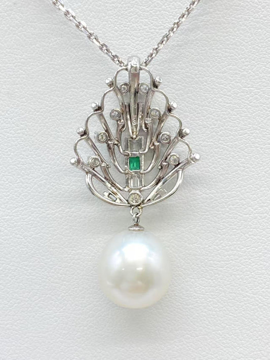 Pearl 12.1*13.1mm Emerald Diamond Pm 13.0g Necklace 