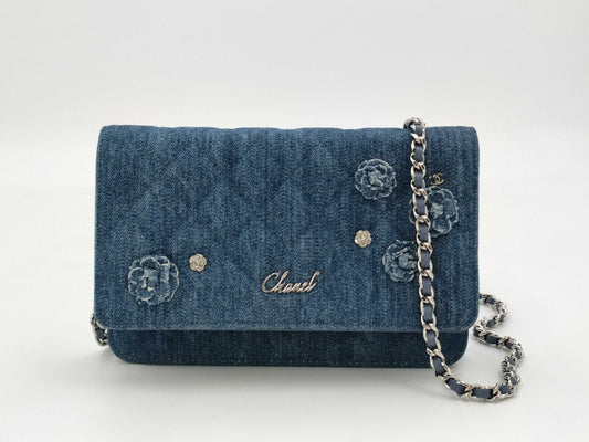 CHANEL CHANEL Matelasse Camellia Denim Chain Shoulder Wallet Bag