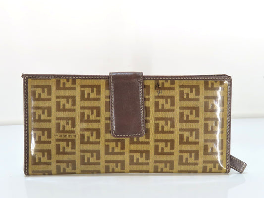 FENDI Zucchino Vinyl and Leather Long Wallet, Brown, Pen Stain