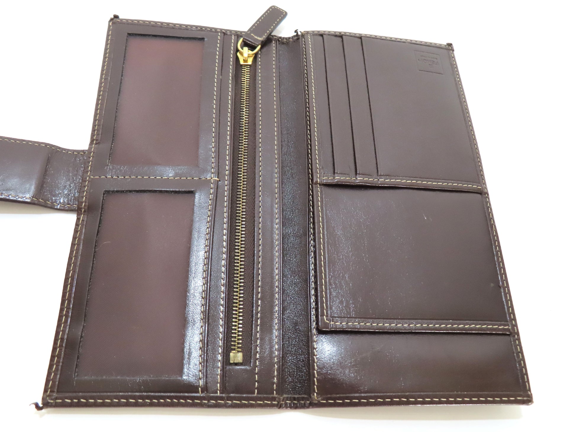 FENDI Zucchino Vinyl and Leather Long Wallet, Brown, Pen Stain