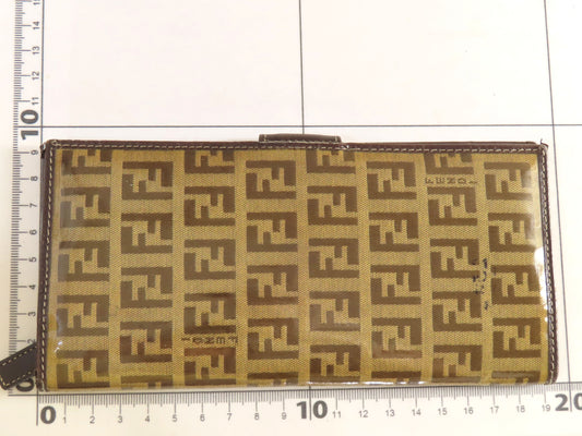 FENDI Zucchino Vinyl and Leather Long Wallet, Brown, Pen Stain