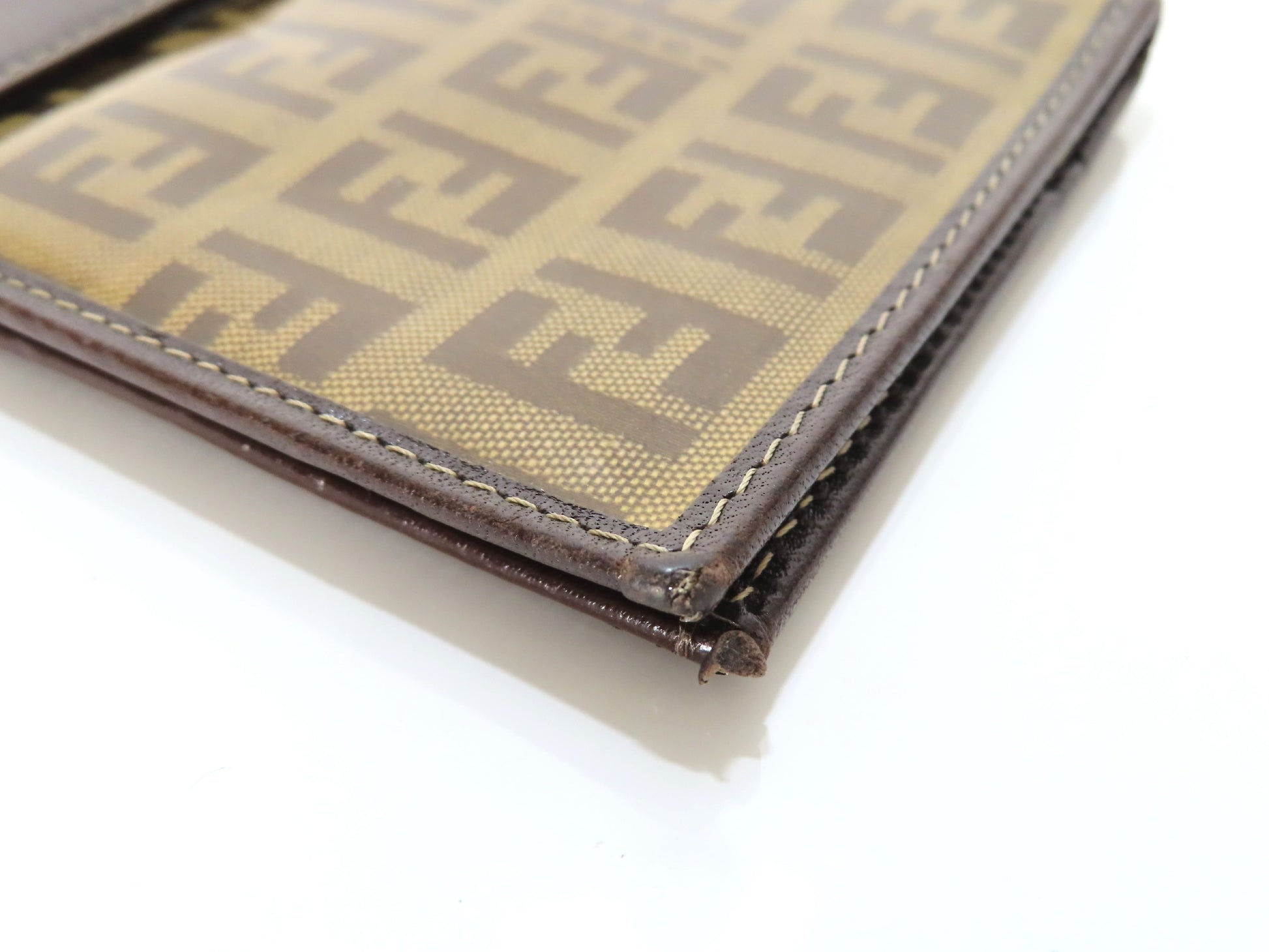 FENDI Zucchino Vinyl and Leather Long Wallet, Brown, Pen Stain