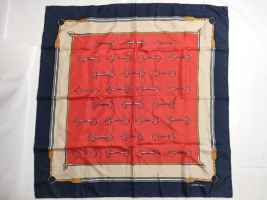 CELINE Horsebit Silk Scarf, Navy x Red, Tagless