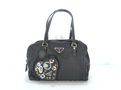 PRADA Prada Evening Heart Triangle Logo Plate Tessuto Tote Bag Black Tote Bag