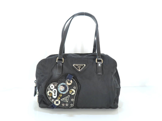PRADA Prada Evening Heart Triangle Logo Plate Tessuto Tote Bag Black Tote Bag