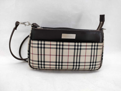 BURBERRY Check Pattern Nylon Canvas and Leather Shoulder Bag, Ivory and Brown