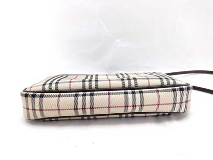 BURBERRY Check Pattern Nylon Canvas and Leather Shoulder Bag, Ivory and Brown