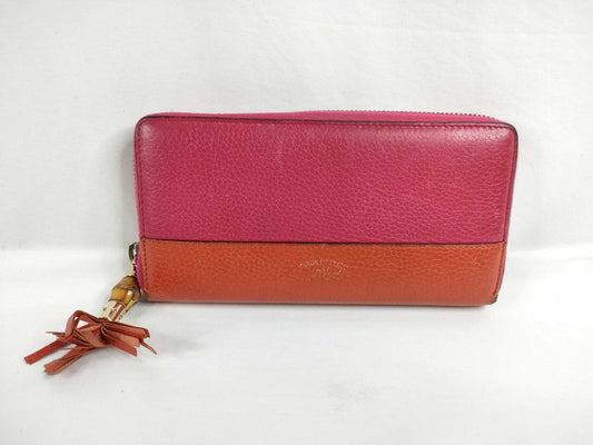 GUCCI Bamboo Leather Round Zip Long Wallet 307984・1147 Pink x Orange Wallet