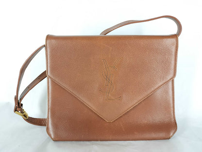 Yves Saint Laurent YSL Logo Leather Shoulder Bag Light Brown