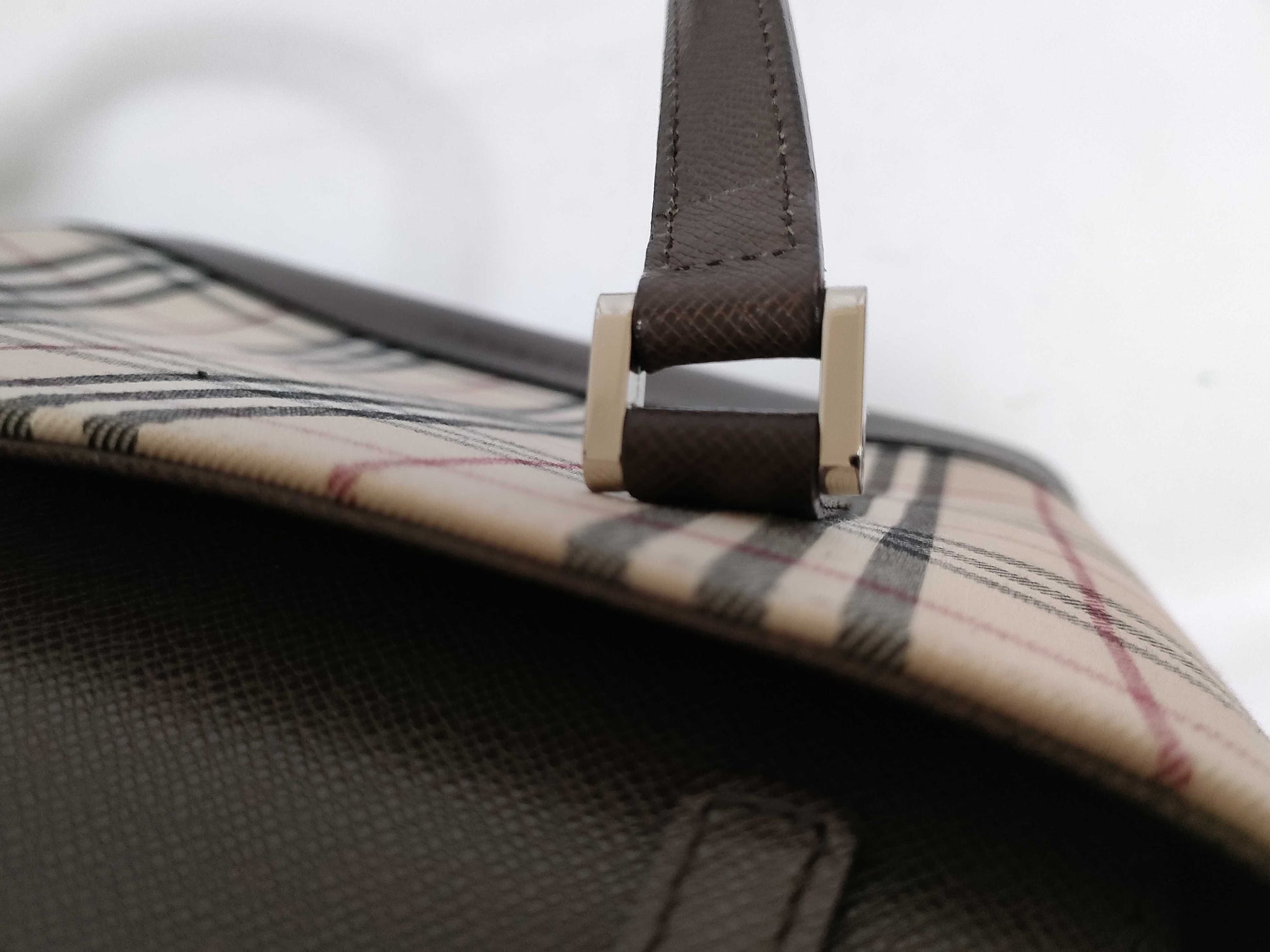 BURBERRY Checked Canvas and Leather Handbag, Ivory and Brown
