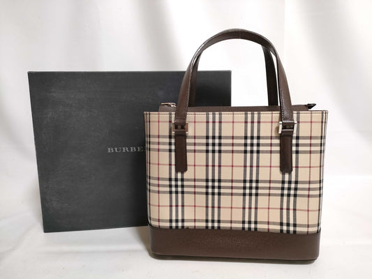 BURBERRY Checked Canvas and Leather Handbag, Ivory and Brown