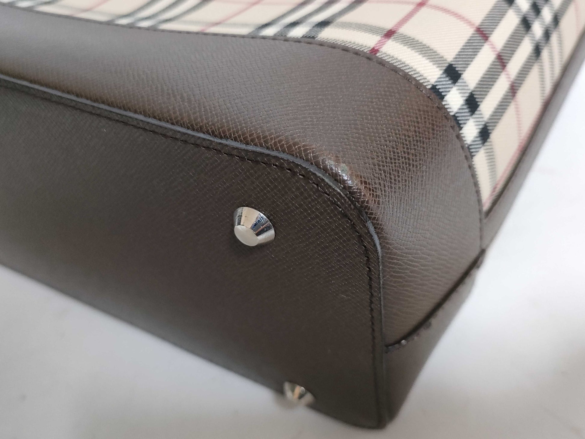 BURBERRY Checked Canvas and Leather Handbag, Ivory and Brown