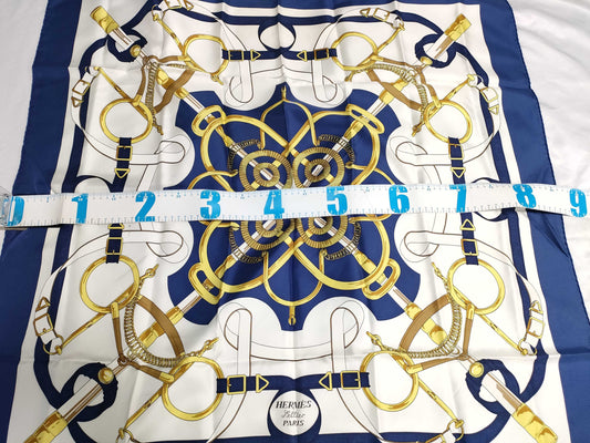 HERMES Carre 90 Apron d'Or Silk Scarf Navy x White