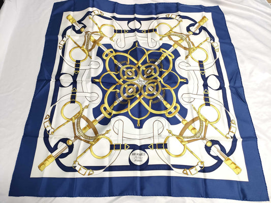 HERMES Carre 90 Apron d'Or Silk Scarf Navy x White