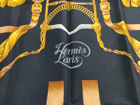 HERMES Carre 90 "The Great Training Technique" Silk Scarf, Black