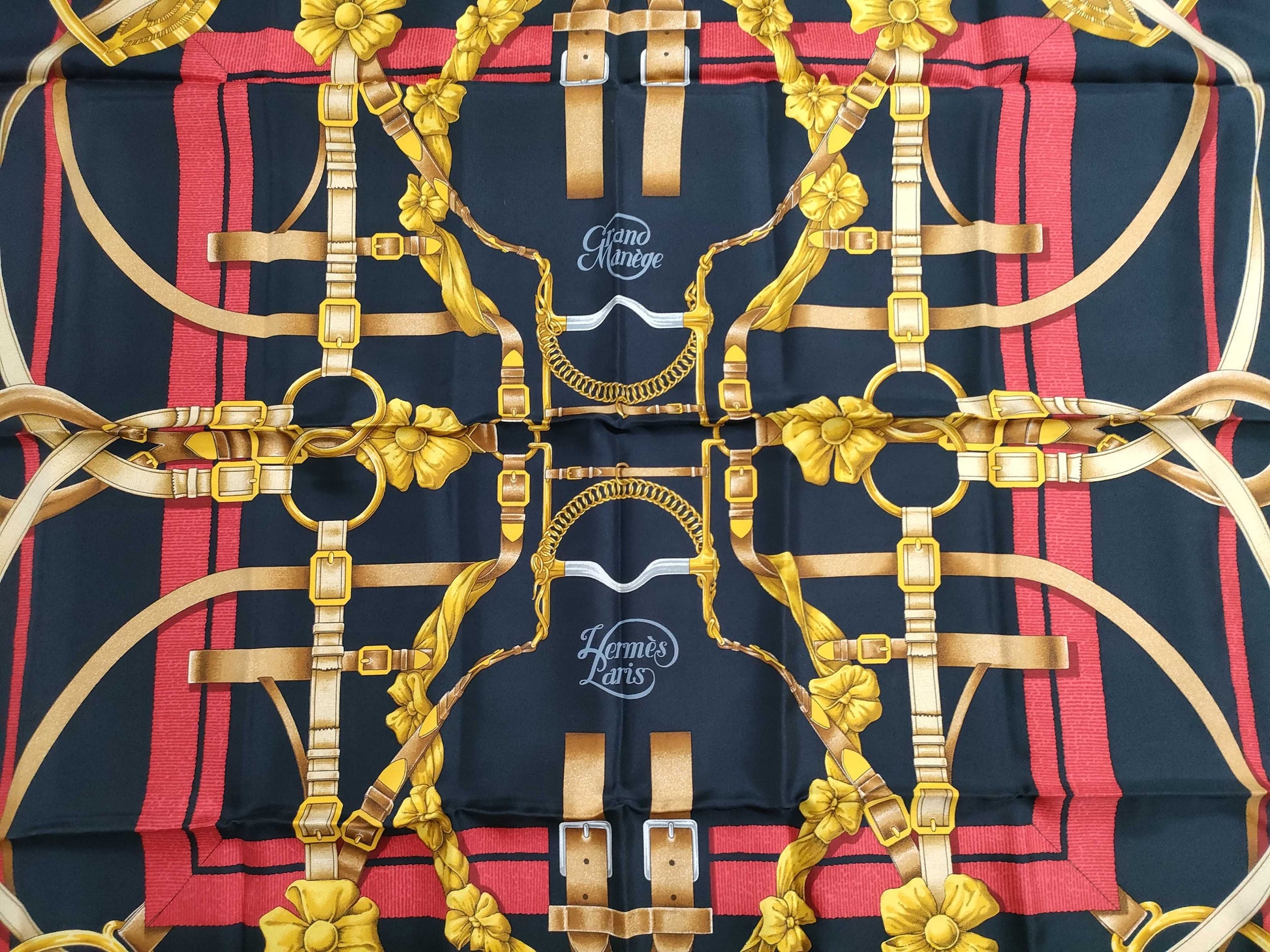 HERMES Carre 90 "The Great Training Technique" Silk Scarf, Black