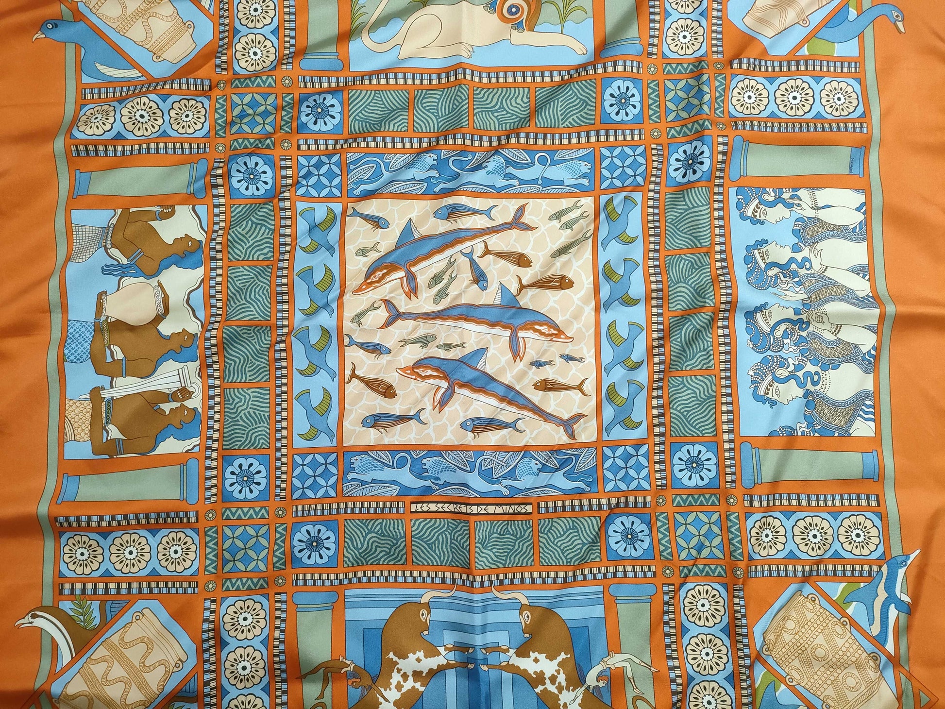HERMES Carré 90 "The Secret of King Minos" Silk Scarf Orange Scarf