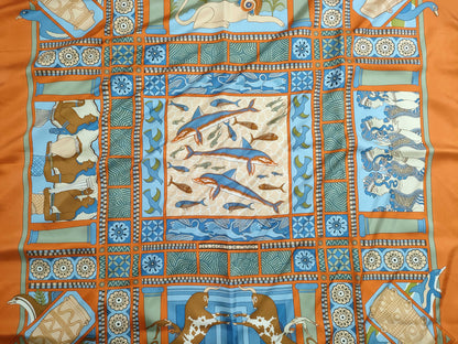 HERMES Carré 90 "The Secret of King Minos" Silk Scarf Orange Scarf