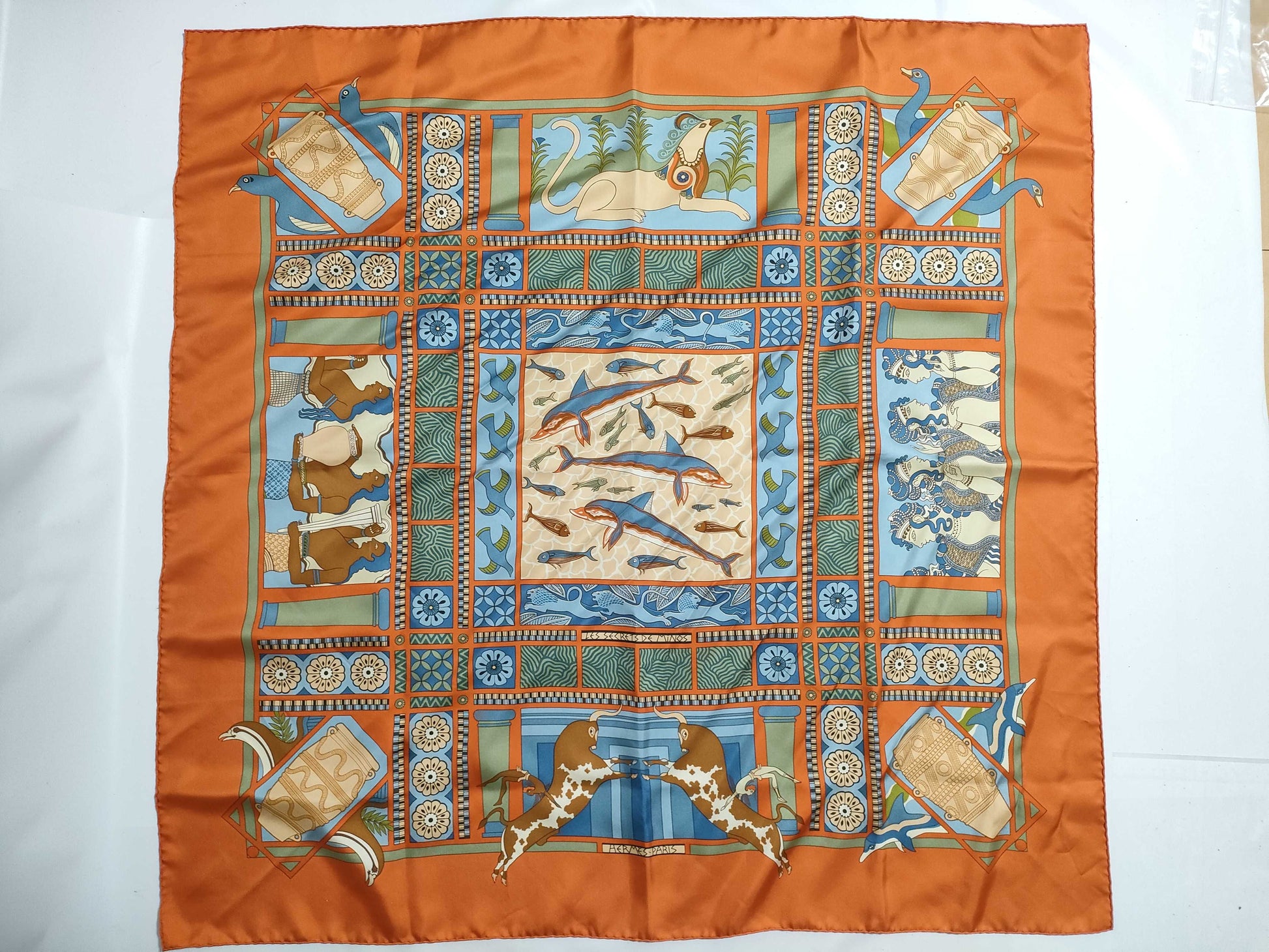 HERMES Carré 90 "The Secret of King Minos" Silk Scarf Orange Scarf