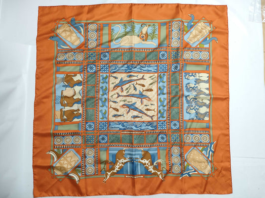 HERMES Carré 90 "The Secret of King Minos" Silk Scarf Orange Scarf