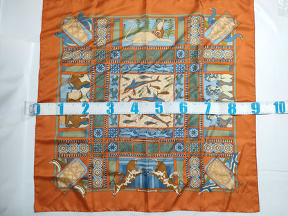 HERMES Carré 90 "The Secret of King Minos" Silk Scarf Orange Scarf