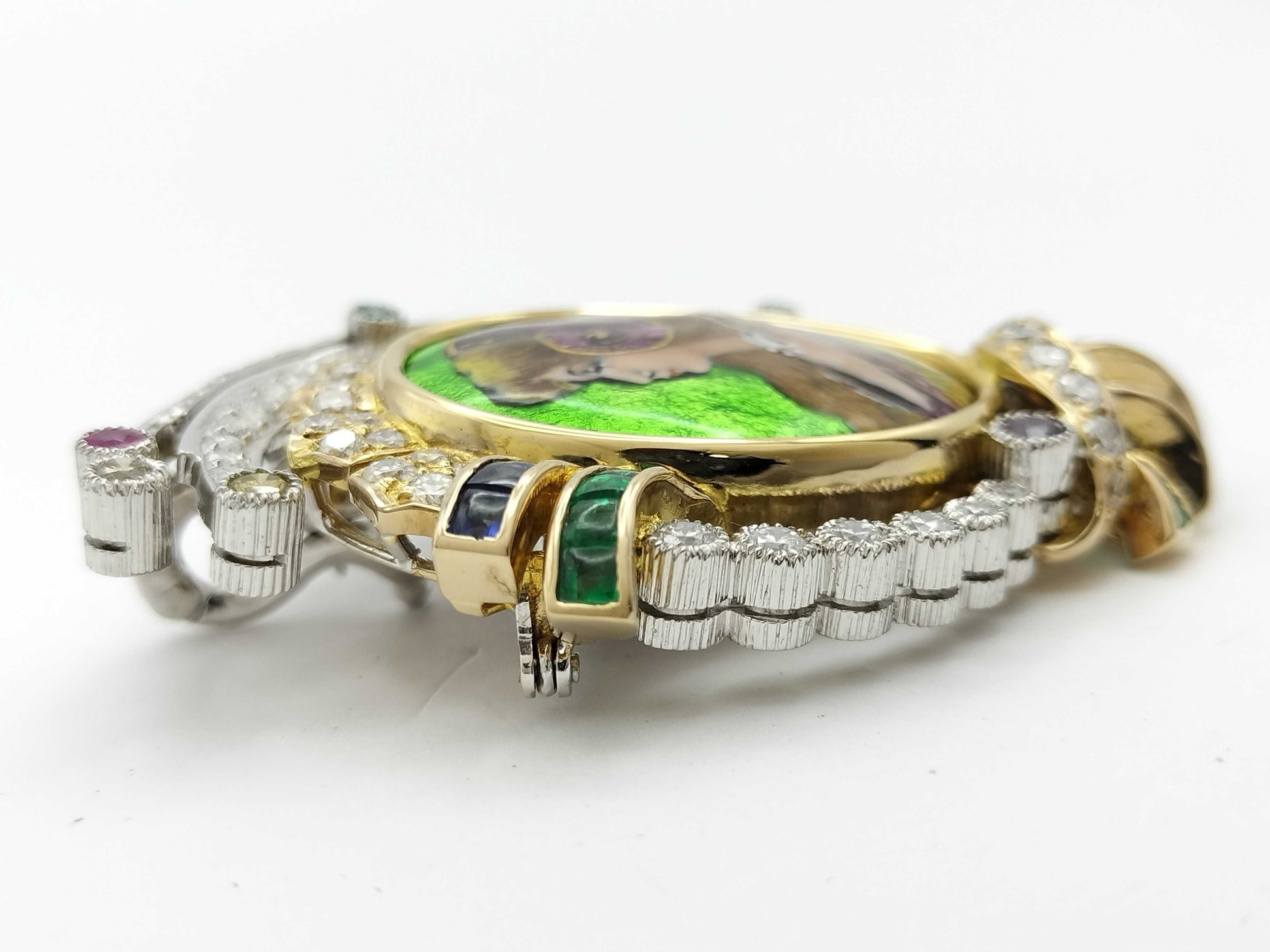 Mitsuo Kaji Enamel Brooch with Colored Stones and Diamonds, PT900/K18, 32.6g 