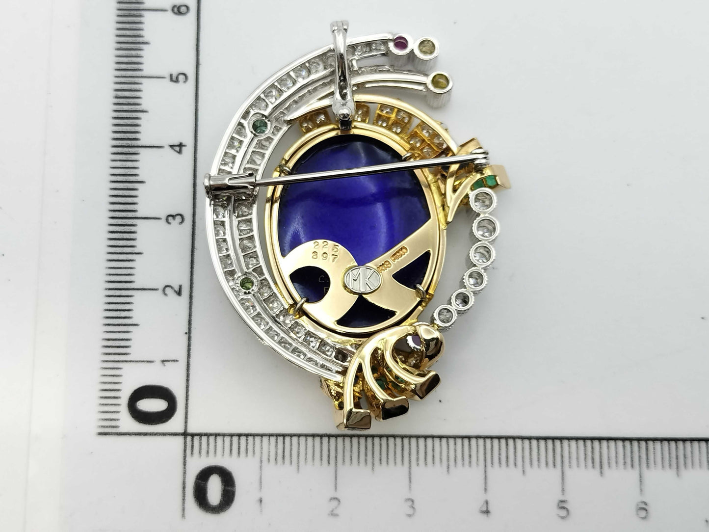Mitsuo Kaji Enamel Brooch with Colored Stones and Diamonds, PT900/K18, 32.6g 
