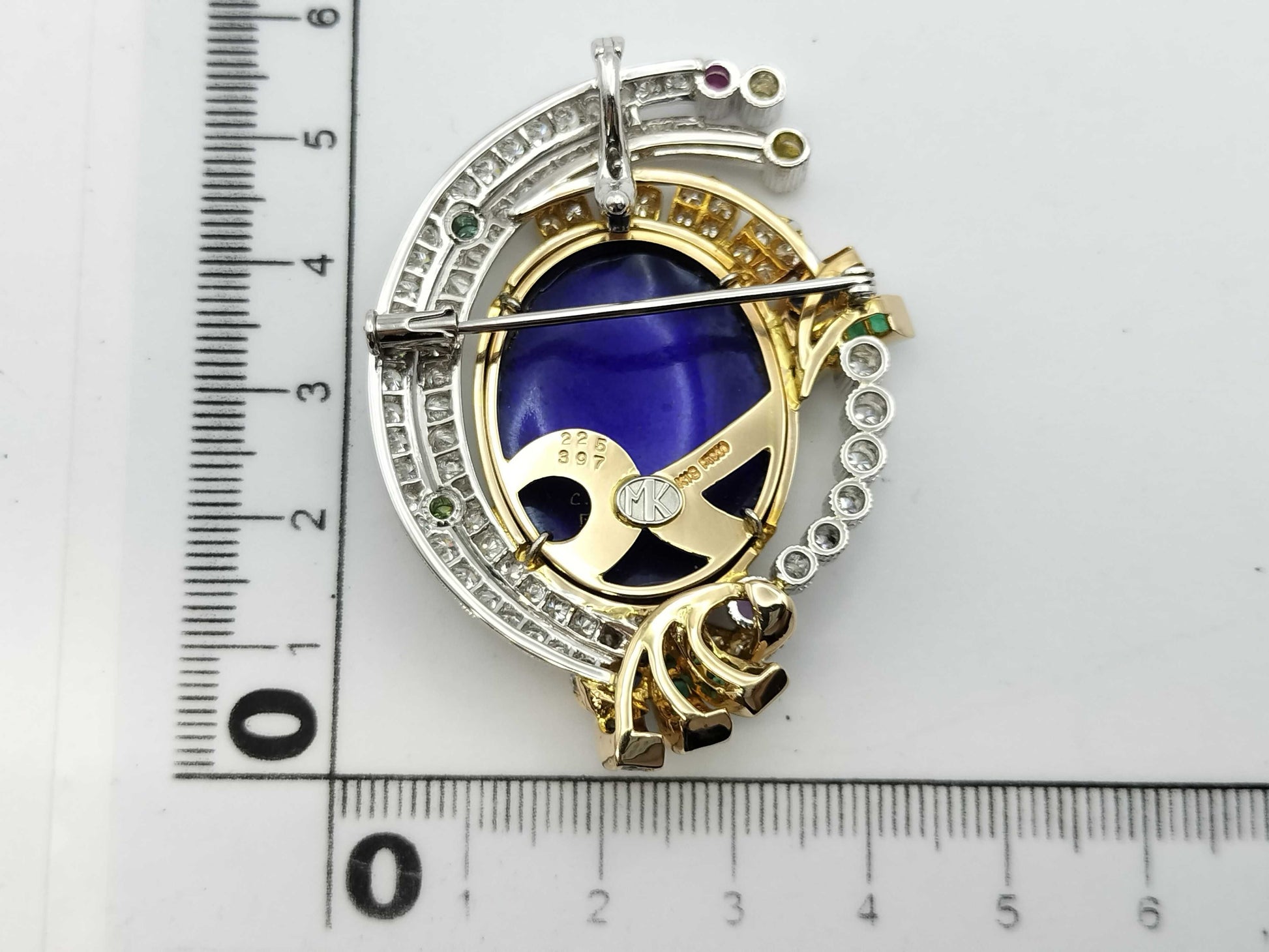 Mitsuo Kaji Enamel Brooch with Colored Stones and Diamonds, PT900/K18, 32.6g 
