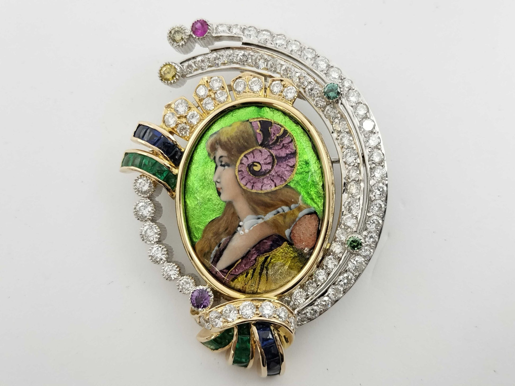 Mitsuo Kaji Enamel Brooch with Colored Stones and Diamonds, PT900/K18, 32.6g 