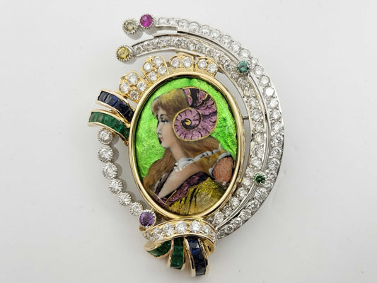 Mitsuo Kaji Enamel Brooch with Colored Stones and Diamonds, PT900/K18, 32.6g 