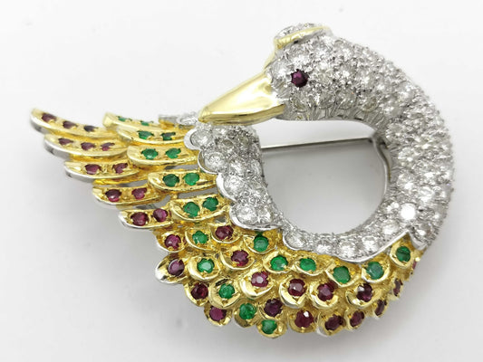 Swan motif brooch with ruby, emerald and diamond in 18K gold, 18.9g 