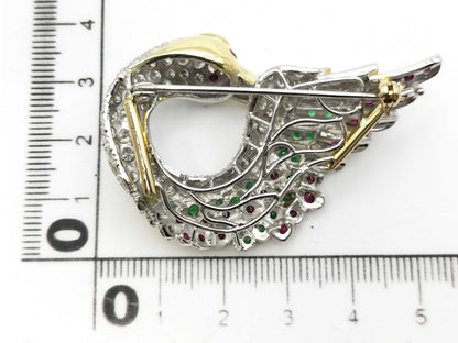 Swan motif brooch with ruby, emerald and diamond in 18K gold, 18.9g 