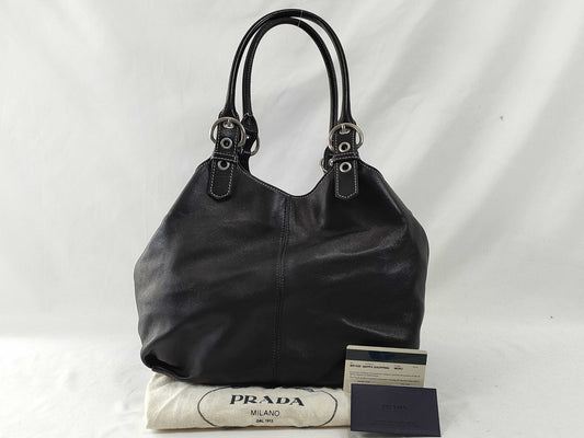 PRADA Prada Tote Bag Leather Triangle Plate Black Tote Bag