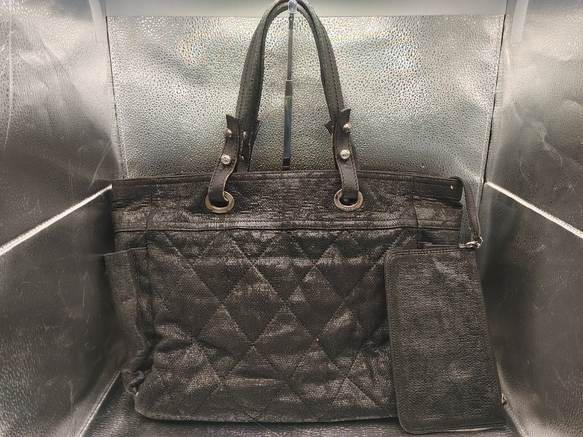 CHANEL Paris-Biarritz Tote Bag with Pouch and Sticker, 12730900, Coated Canvas, Black, with Coco Charm