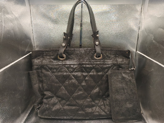 CHANEL Paris-Biarritz Tote Bag with Pouch and Sticker, 12730900, Coated Canvas, Black, with Coco Charm