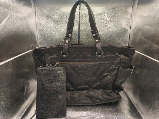 CHANEL Paris-Biarritz Tote Bag with Pouch and Sticker, 12730900, Coated Canvas, Black, with Coco Charm