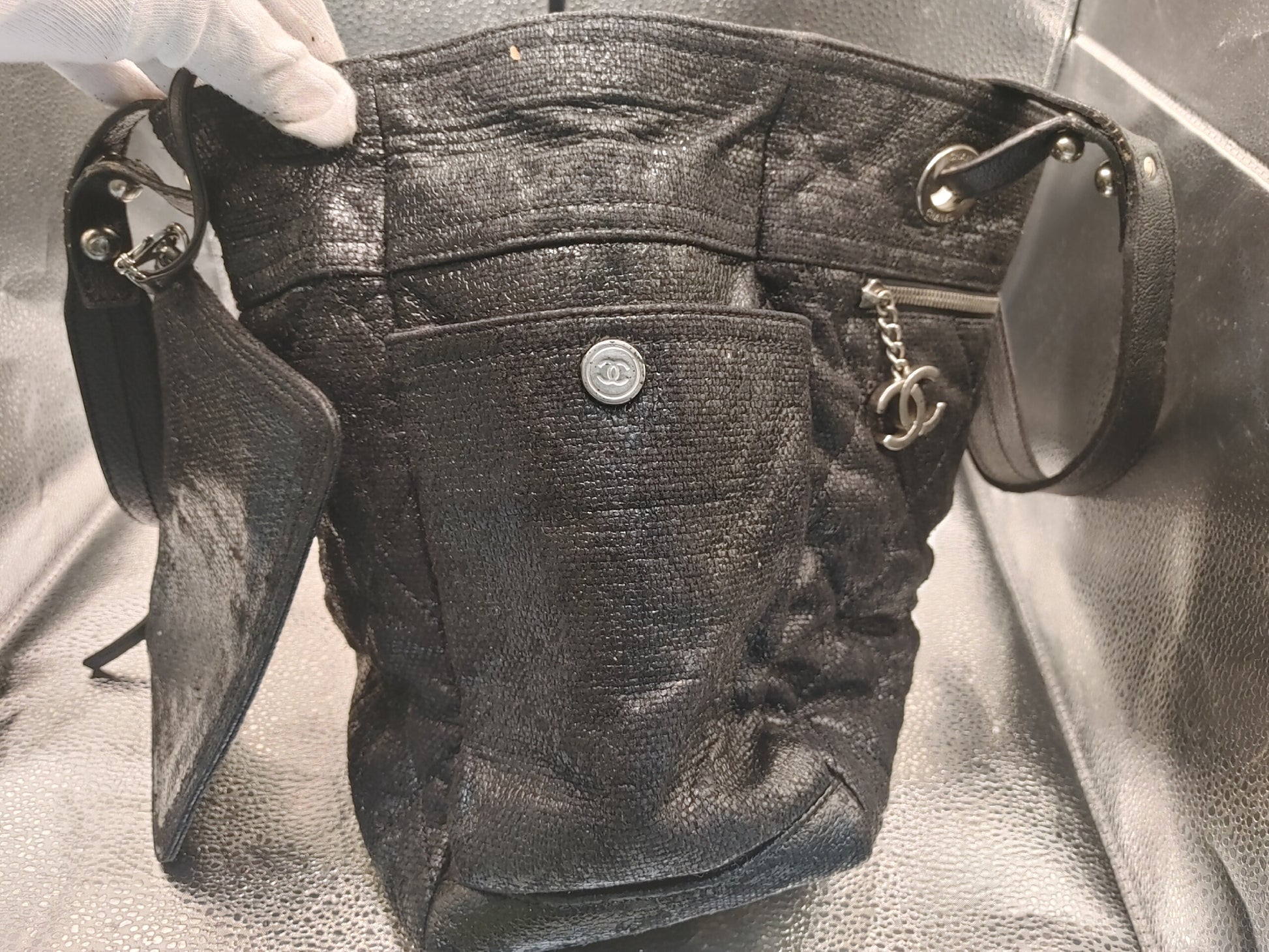 CHANEL Paris-Biarritz Tote Bag with Pouch and Sticker, 12730900, Coated Canvas, Black, with Coco Charm
