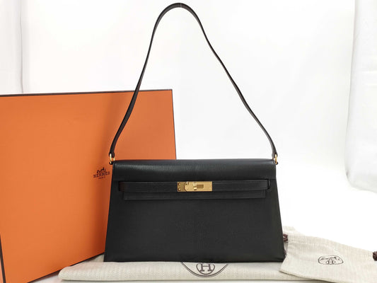 HERMES Kelly Elan Chevre Handbag with GD Hardware, Black