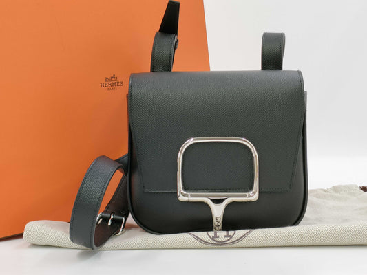 HERMES Della Cavalle Black Shoulder Bag with Stamped Z, Silver Hardware