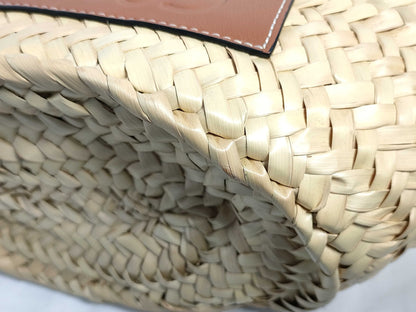 LOEWE Anagram Basket Medium Raffia and Leather Basket Bag Beige and Brown Cloth Bag Handbag