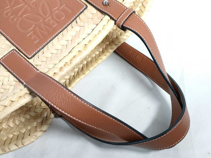 LOEWE Anagram Basket Medium Raffia and Leather Basket Bag Beige and Brown Cloth Bag Handbag