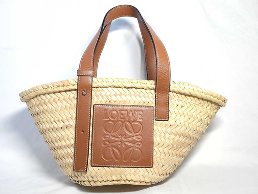LOEWE Anagram Basket Medium Raffia and Leather Basket Bag Beige and Brown Cloth Bag Handbag