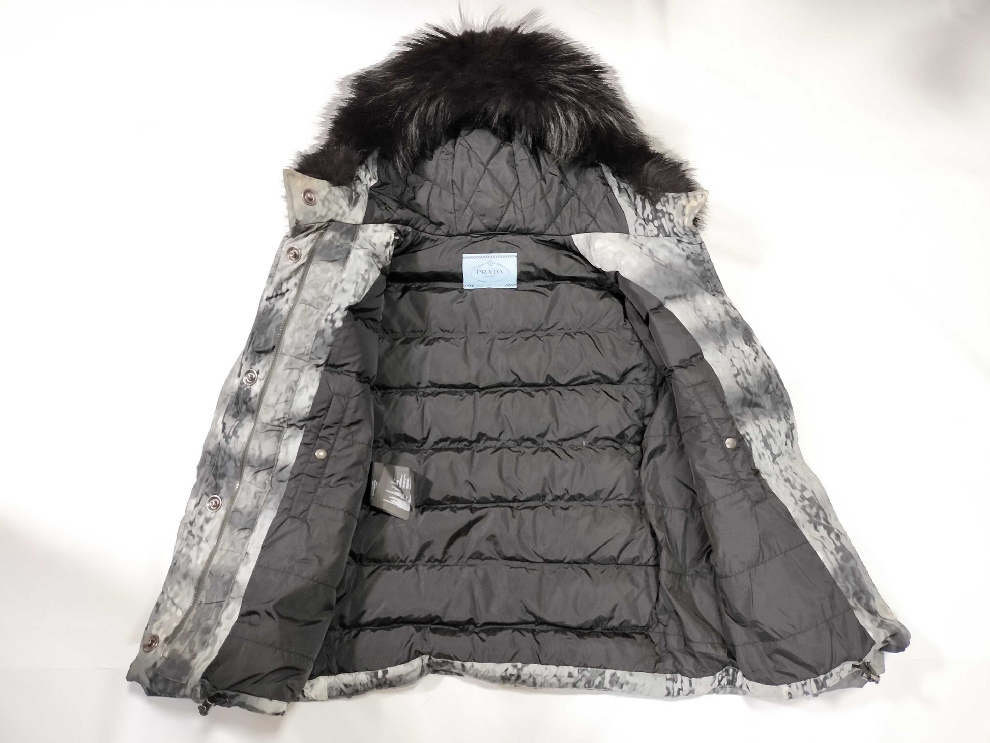 PRADA Prada Down Jacket with Triangle Logo Plate and Fur, Size 40
