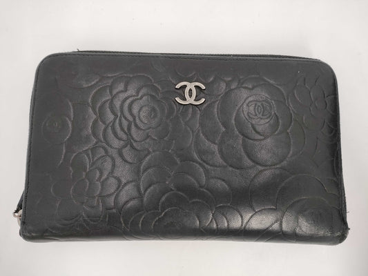 CHANEL Camellia Long Wallet Organizer Black Wallet